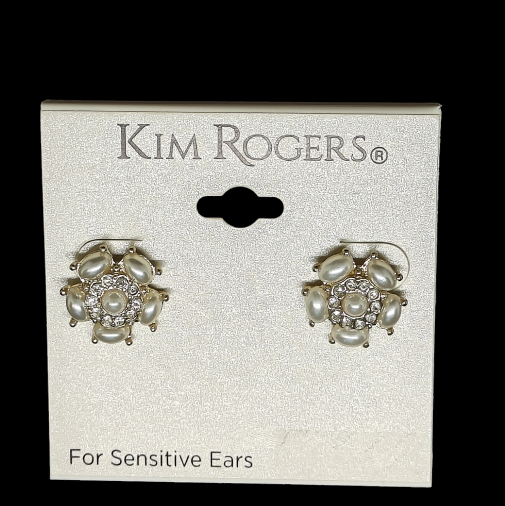 Kim Rogers Flower Faux Pearl and Rhinestone Earrings Nickel Free Studs